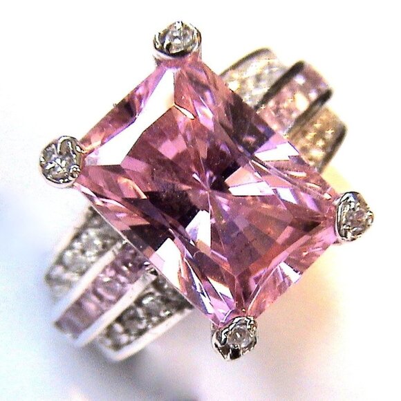 Stunning Pink Ice Tourmaline Clear Accent Cubic Zirconia  Cz Cocktail Ring Sz 9 - Picture 1 of 5